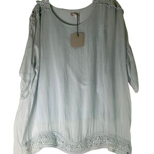 Carina Rico pale blue adorned 100%silk blouse. SZ L  NWT